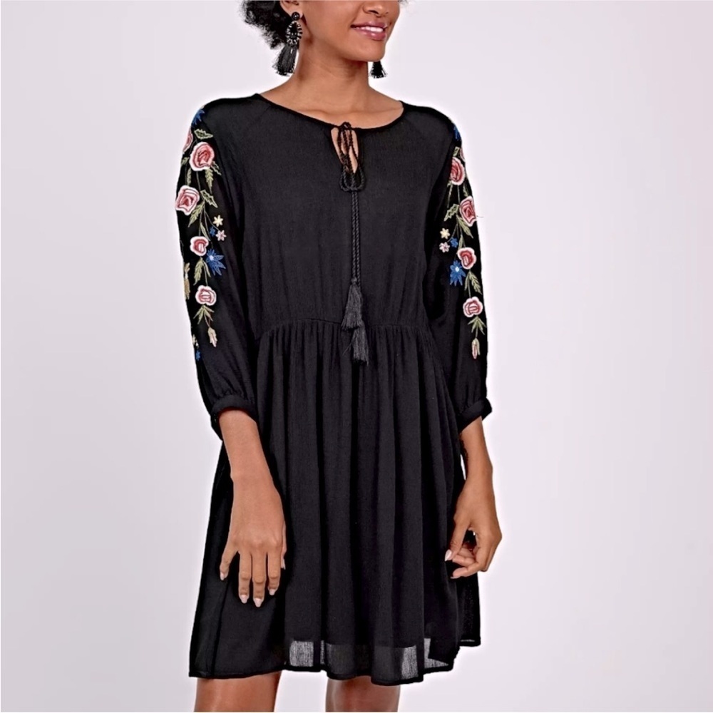 Zara basic tassel front embroidered boho dress black size  L
